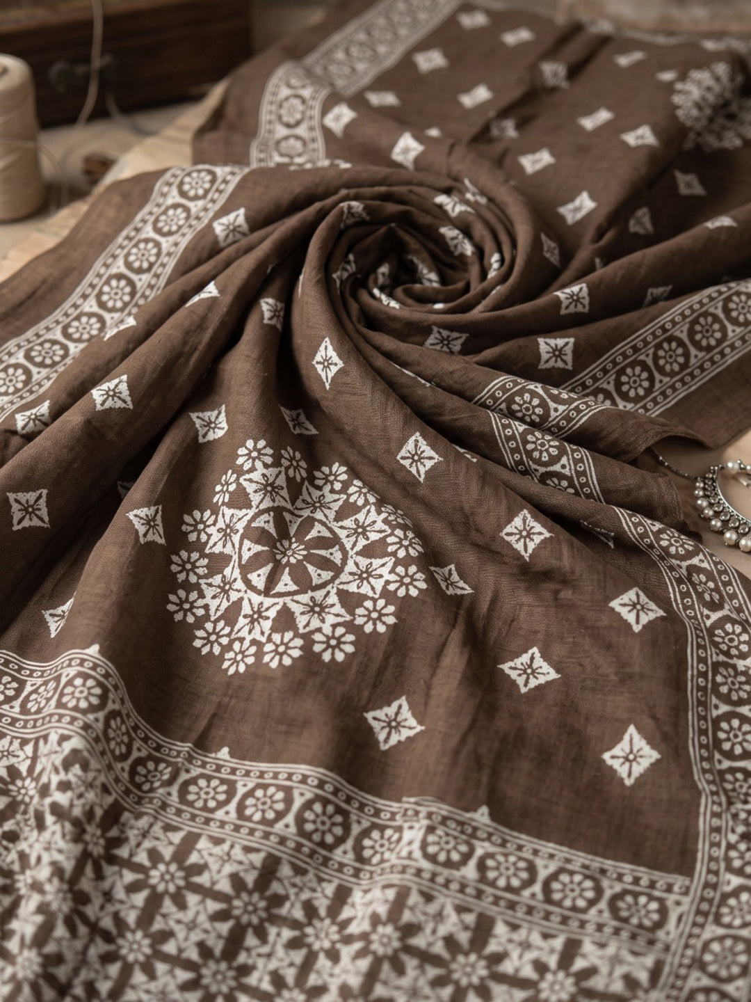 Brown Embroidery Cotton Blend Kurta With Pant & Dupatta
