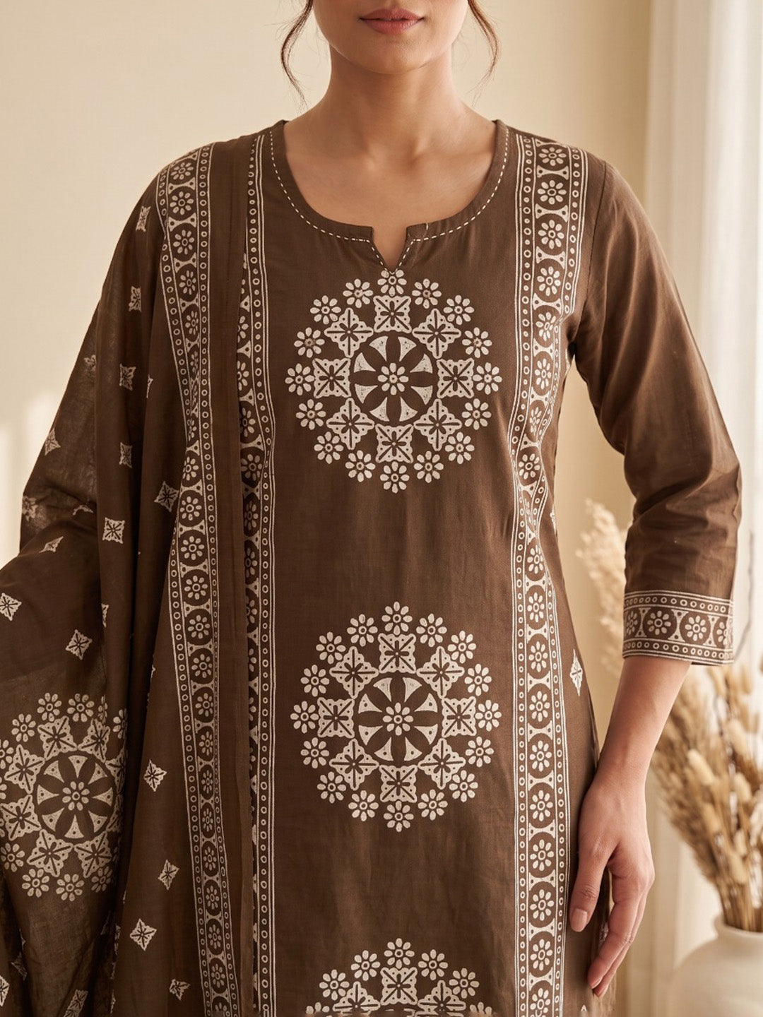 Brown Embroidery Cotton Blend Kurta With Pant & Dupatta
