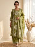 Green Embroidery Cotton Blend Kurta With Pant & Dupatta