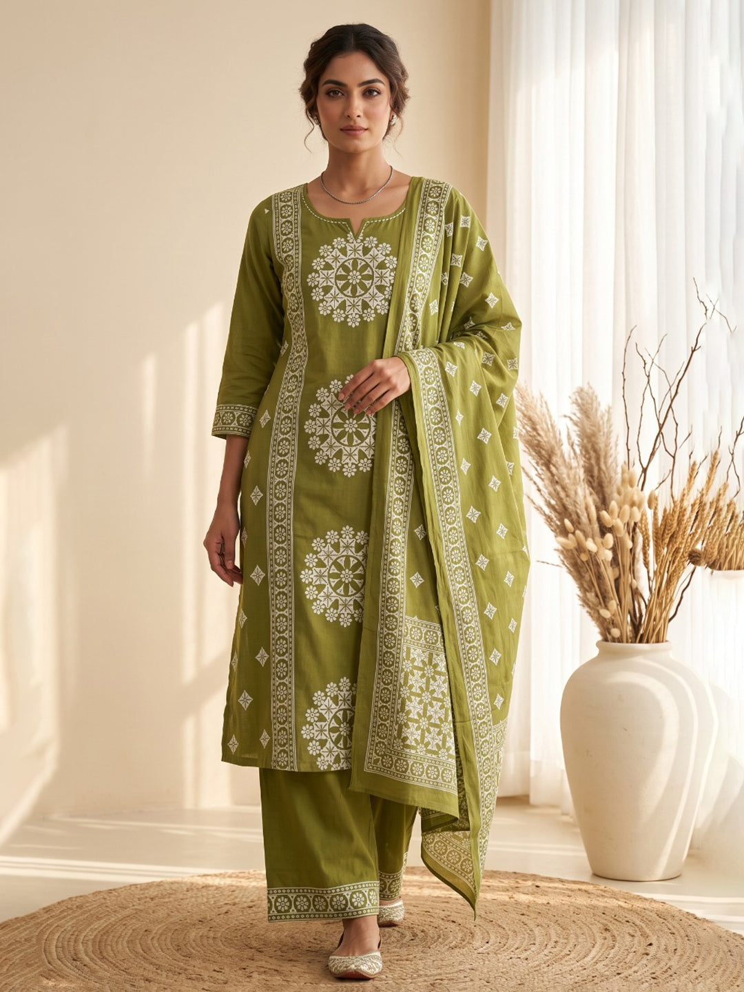 Green Embroidery Cotton Blend Kurta With Pant & Dupatta