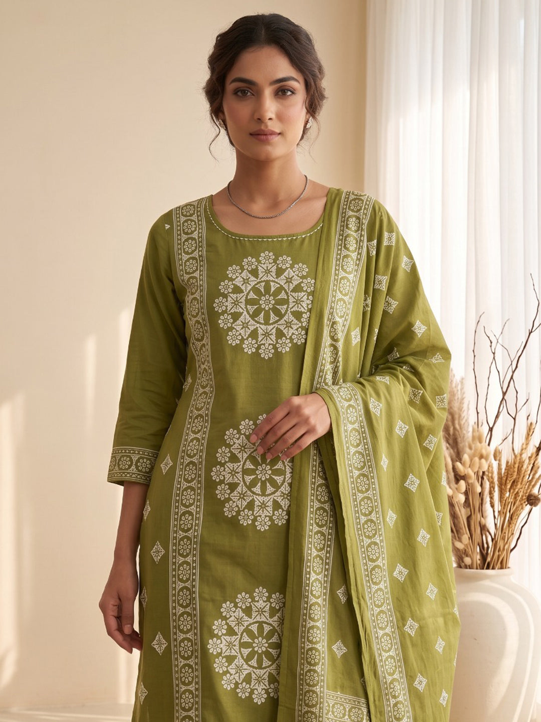 Green Embroidery Cotton Blend Kurta With Pant & Dupatta