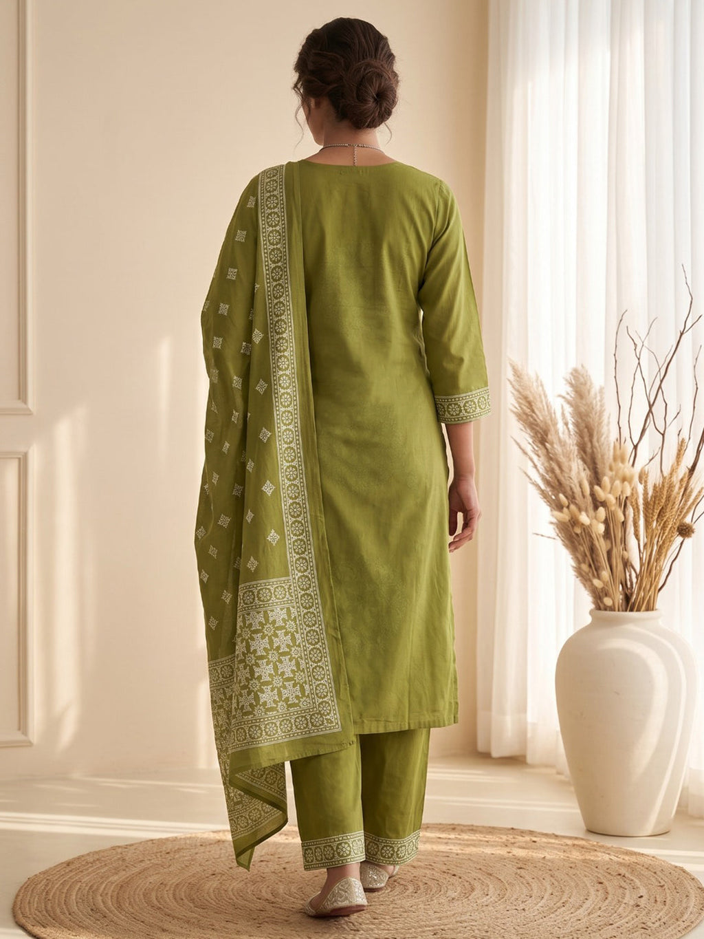 Green Embroidery Cotton Blend Kurta With Pant & Dupatta