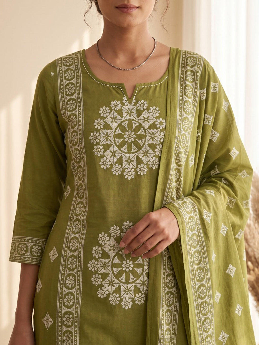 Green Embroidery Cotton Blend Kurta With Pant & Dupatta