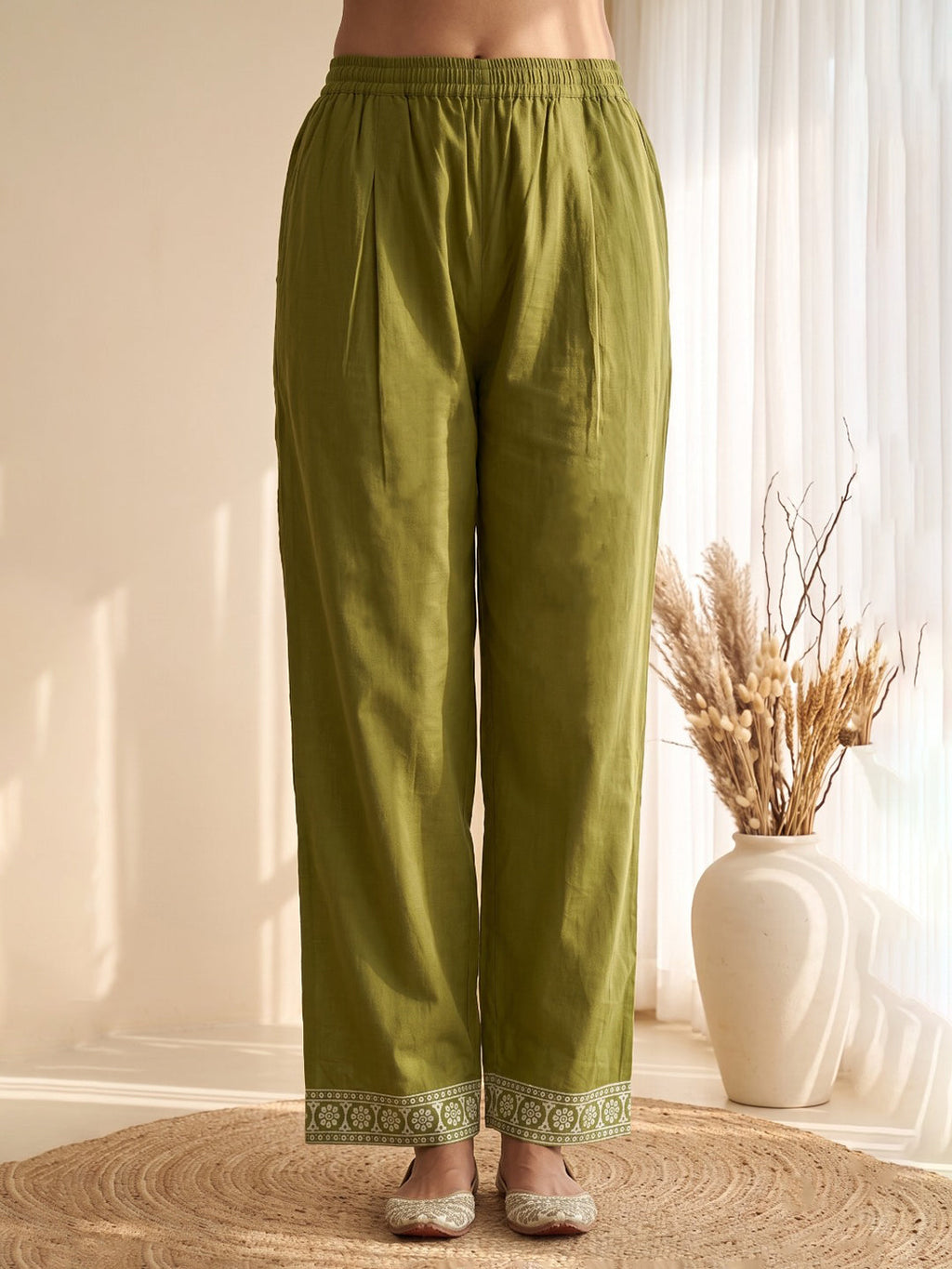 Green Embroidery Cotton Blend Kurta With Pant & Dupatta