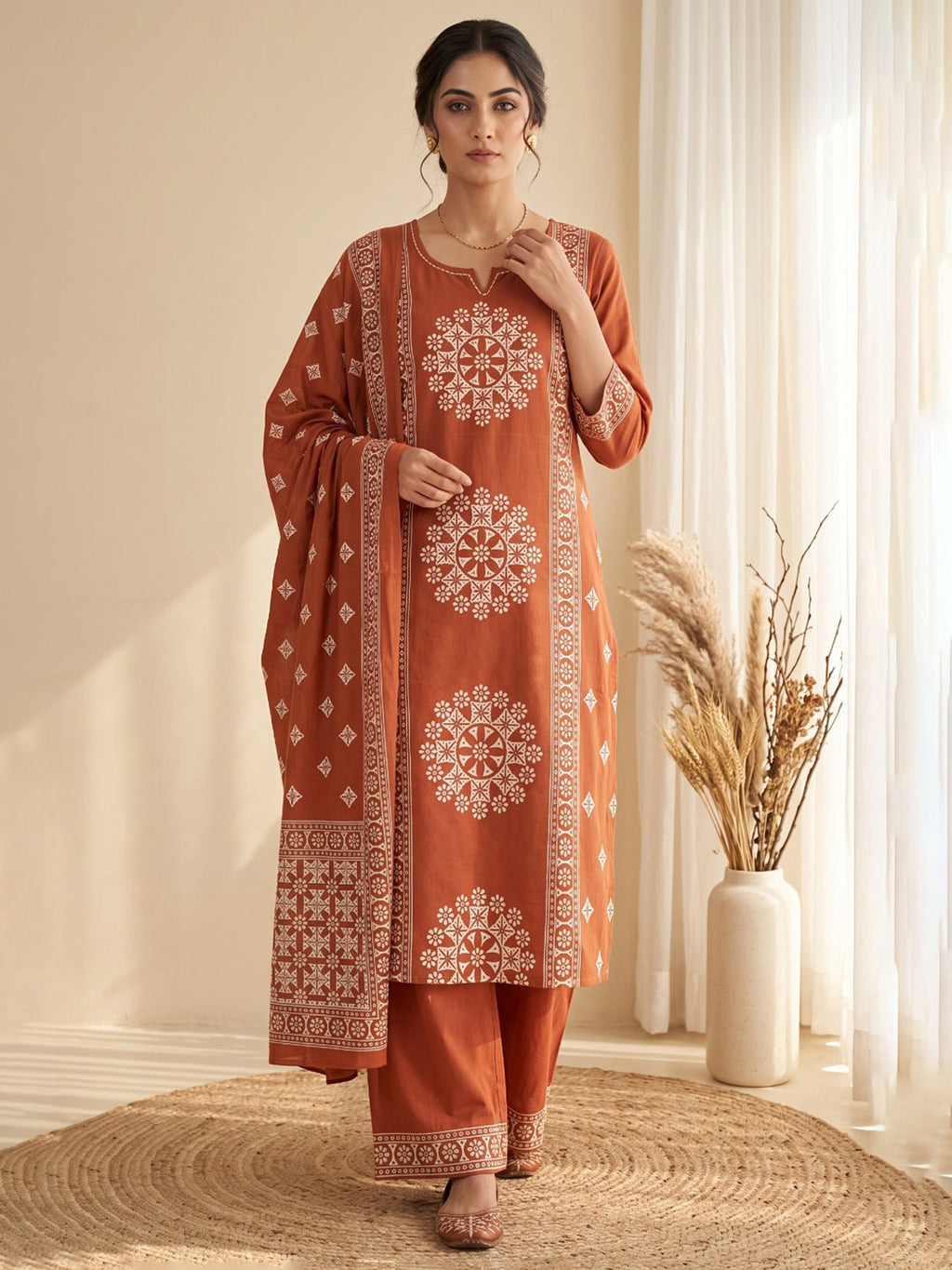 Rust Embroidery Cotton Blend Kurta With Pant & Dupatta