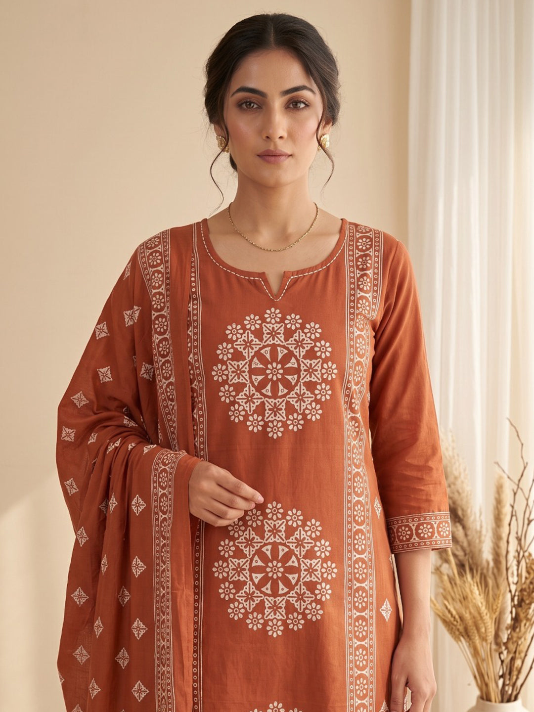 Rust Embroidery Cotton Blend Kurta With Pant & Dupatta