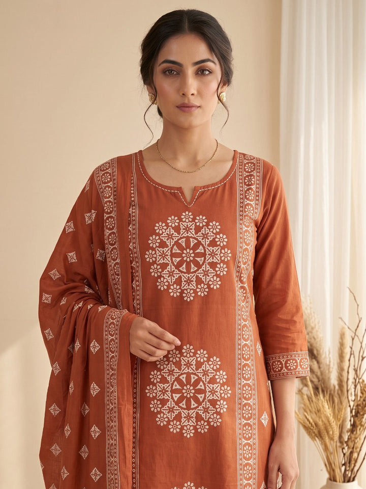 Rust Embroidery Cotton Blend Kurta With Pant &amp; Dupatta