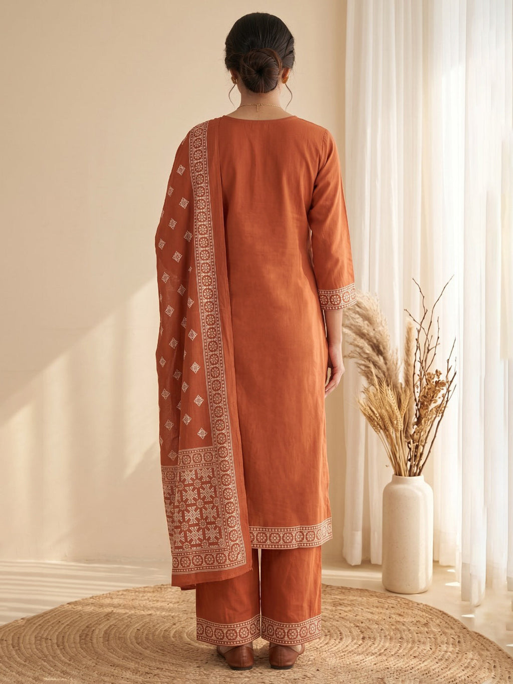 Rust Embroidery Cotton Blend Kurta With Pant & Dupatta