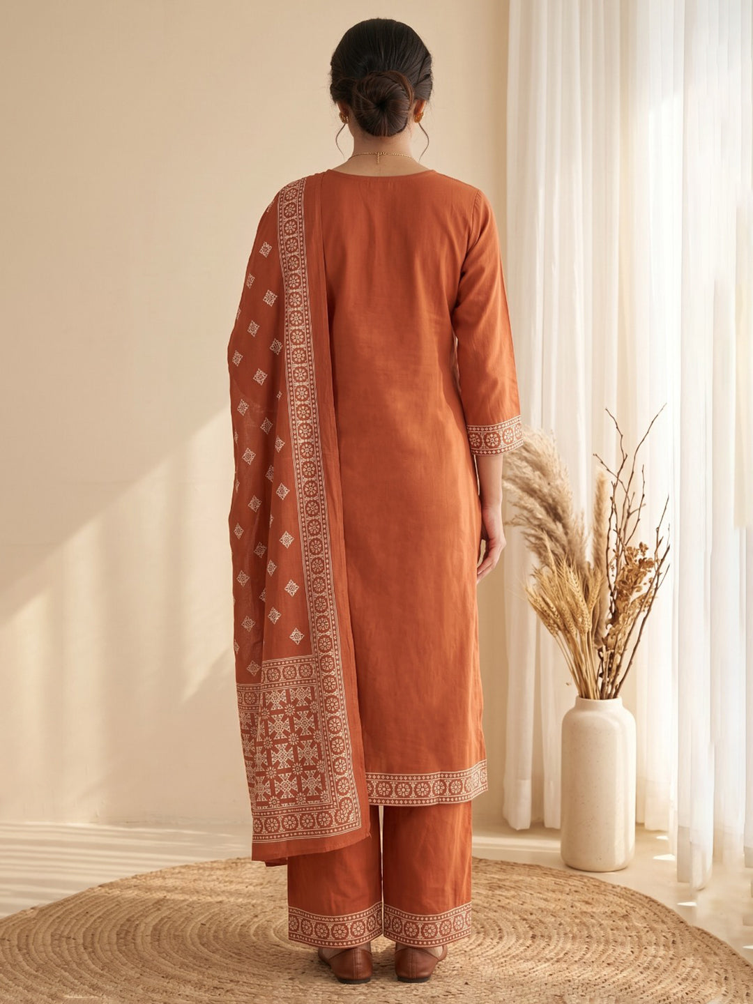 Rust Embroidery Cotton Blend Kurta With Pant & Dupatta