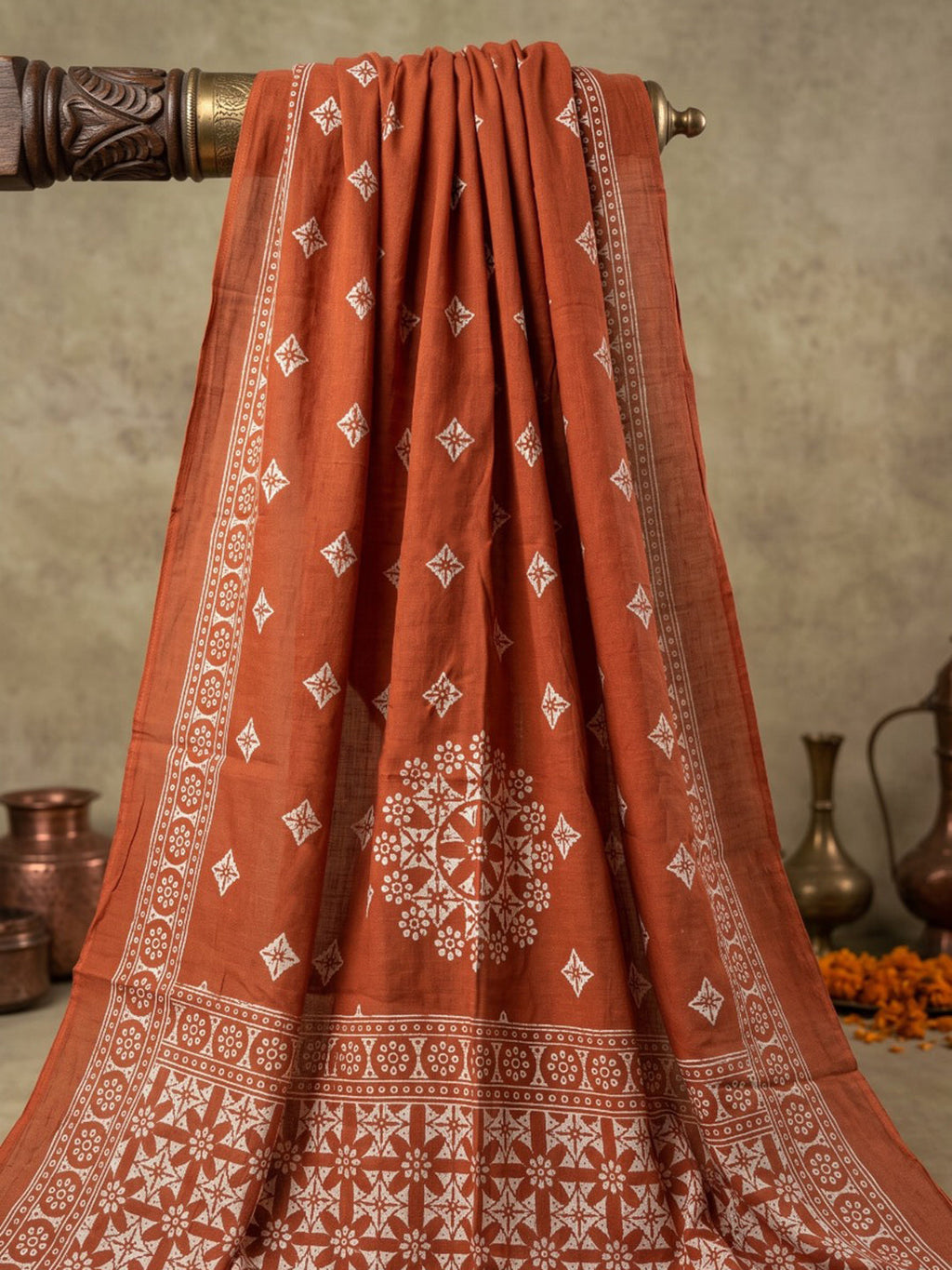 Rust Embroidery Cotton Blend Kurta With Pant & Dupatta