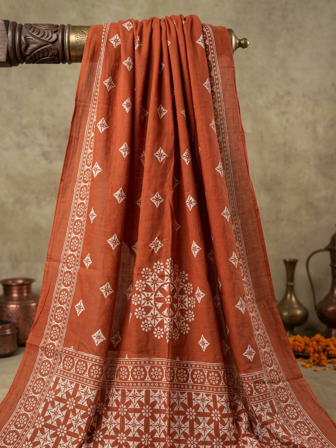 Rust Embroidery Cotton Blend Kurta With Pant & Dupatta