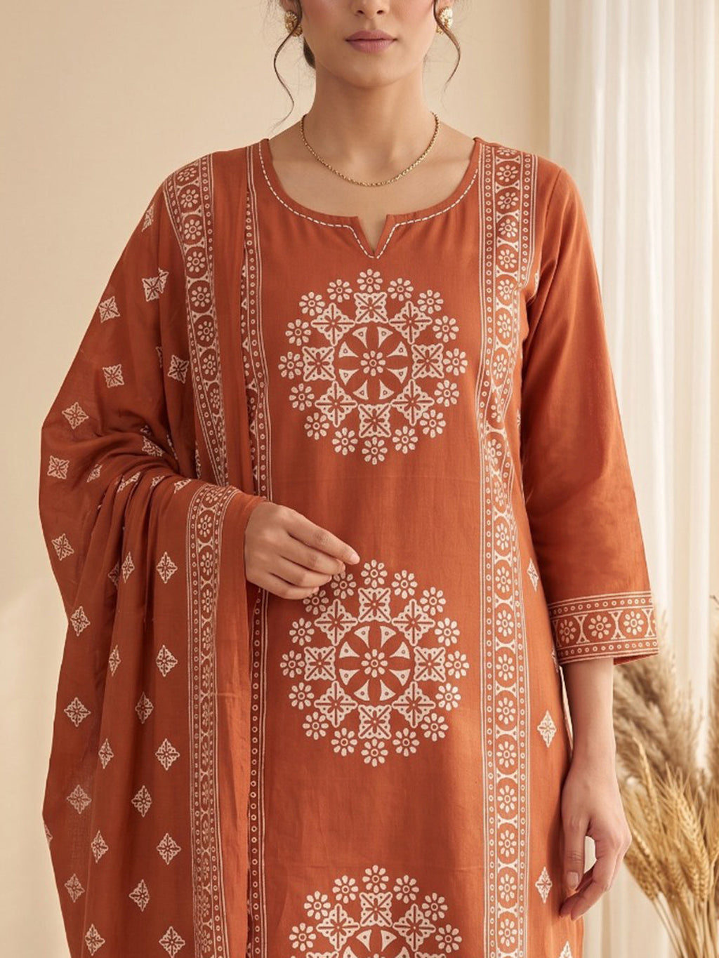 Rust Embroidery Cotton Blend Kurta With Pant & Dupatta