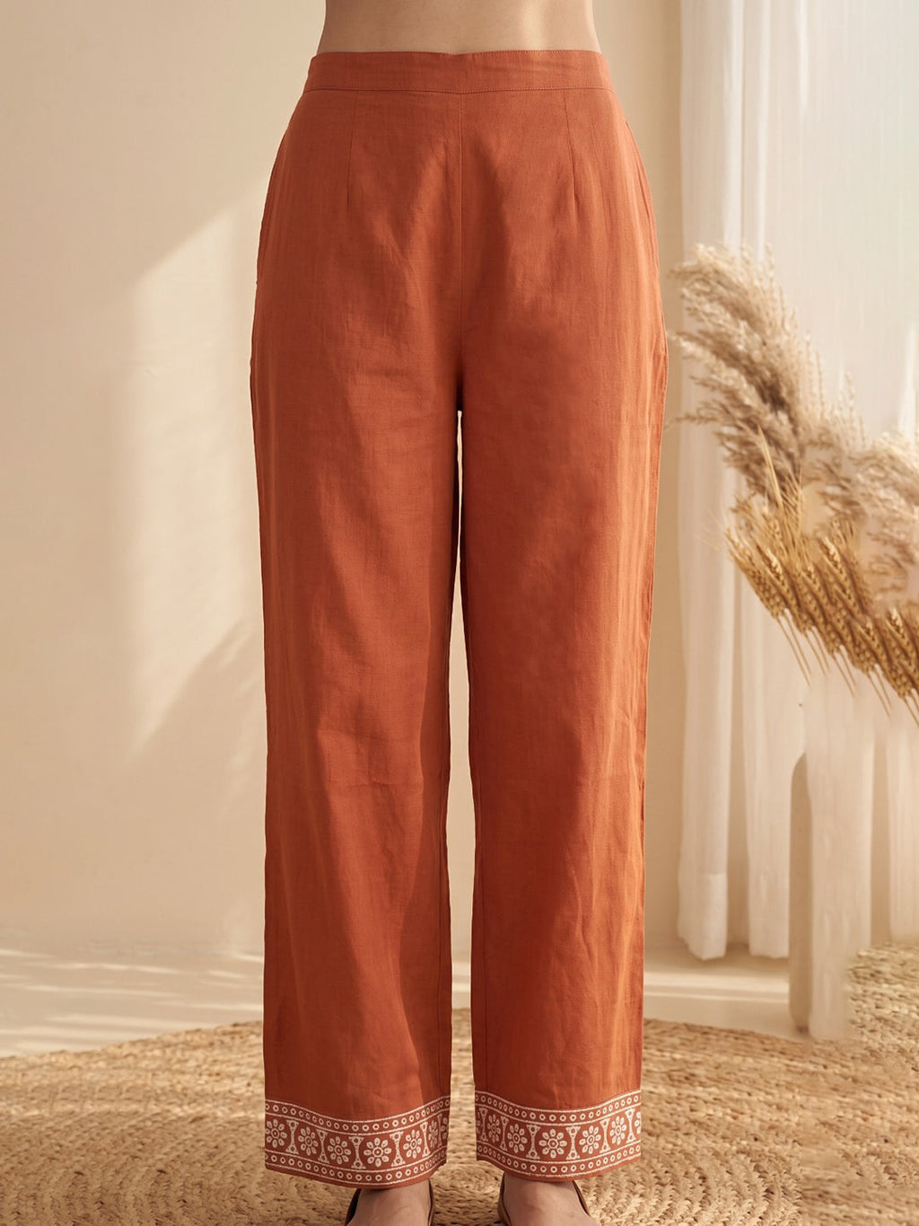 Rust Embroidery Cotton Blend Kurta With Pant & Dupatta