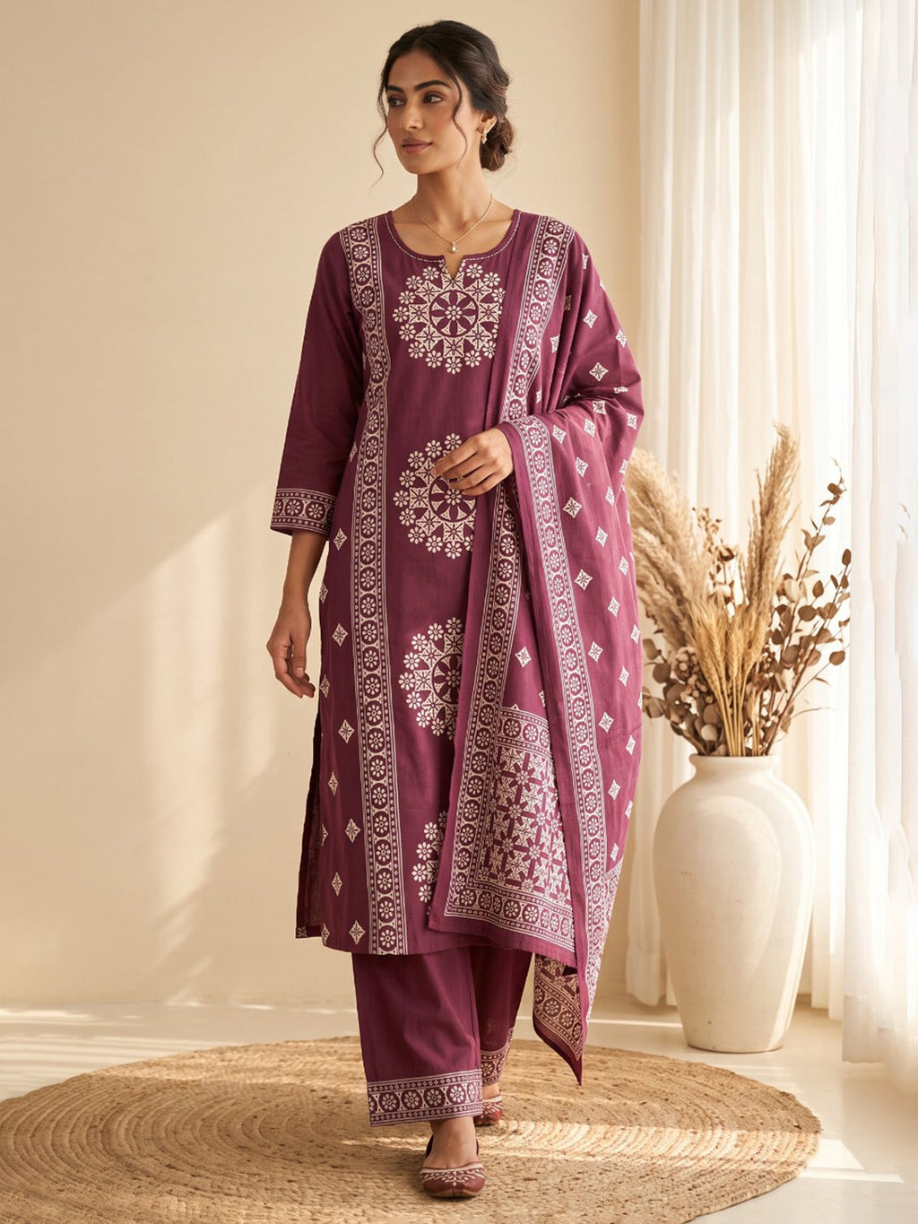 Wine Embroidery Cotton Blend Kurta With Pant & Dupatta