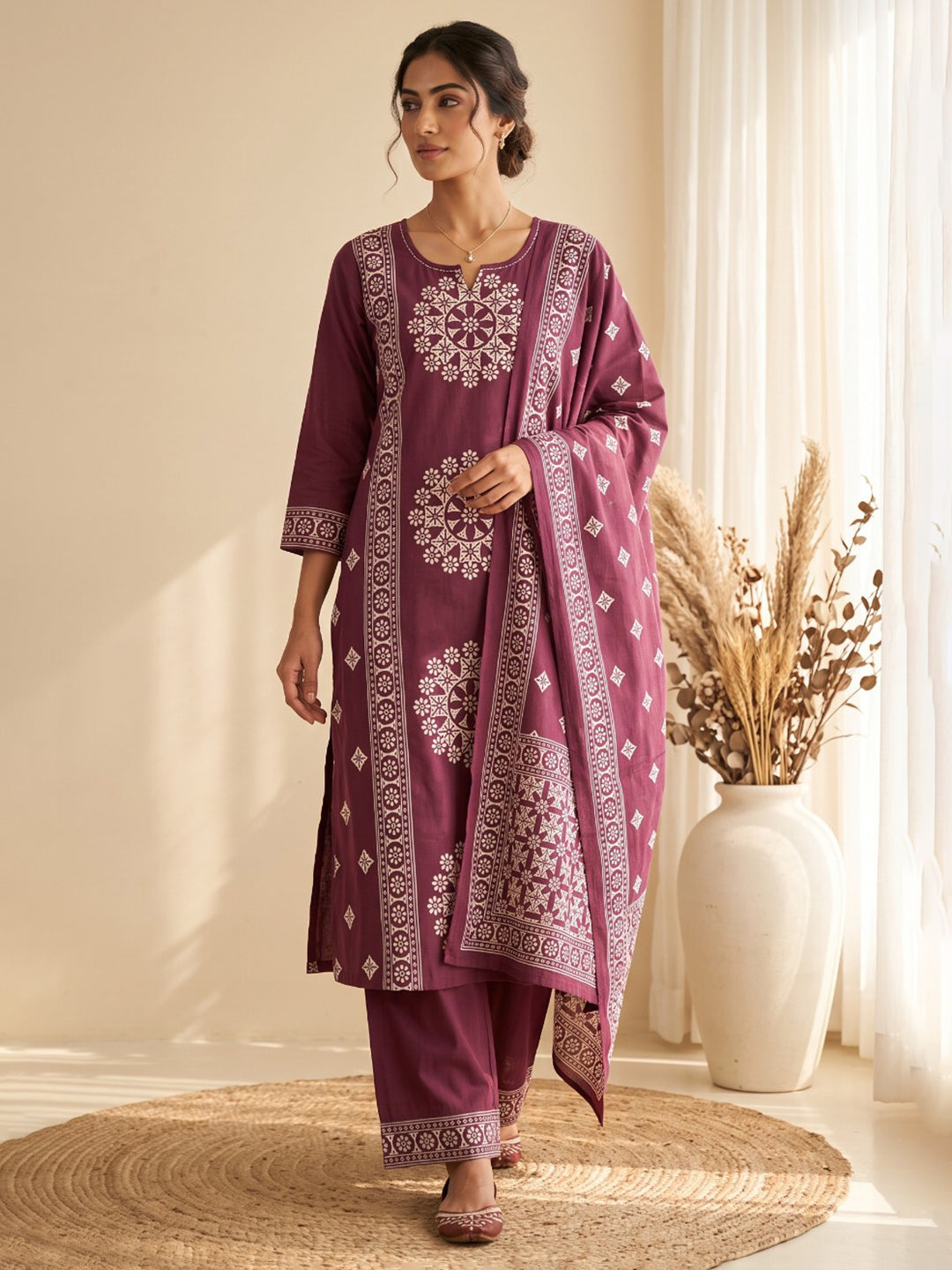 Wine Embroidery Cotton Blend Kurta With Pant & Dupatta