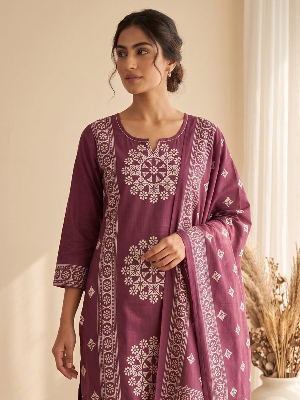 Wine Embroidery Cotton Blend Kurta With Pant & Dupatta