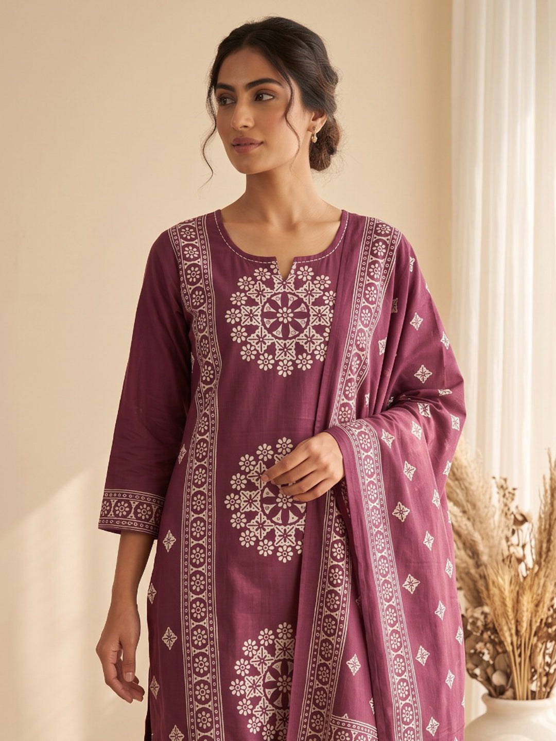 Wine Embroidery Cotton Blend Kurta With Pant & Dupatta