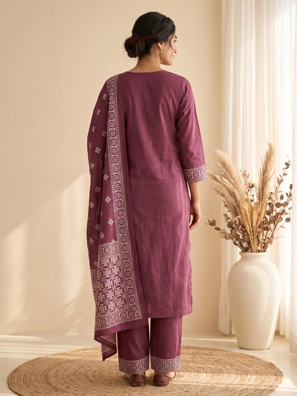 Wine Embroidery Cotton Blend Kurta With Pant & Dupatta
