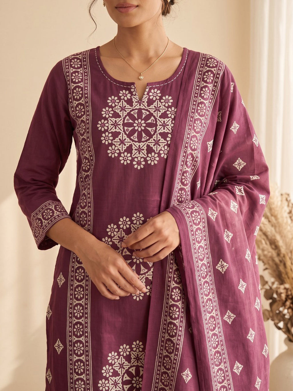 Wine Embroidery Cotton Blend Kurta With Pant & Dupatta