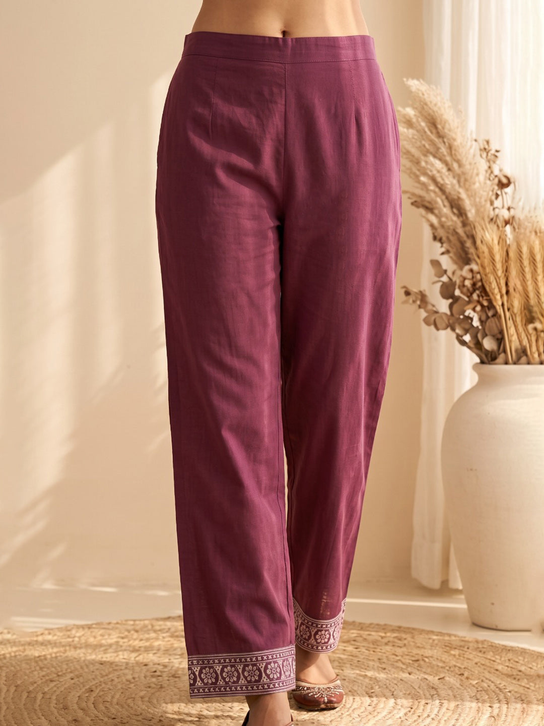 Wine Embroidery Cotton Blend Kurta With Pant & Dupatta