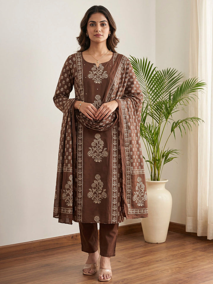 Brown Printed Cotton Blend Kurta With Pant &amp; Dupatta