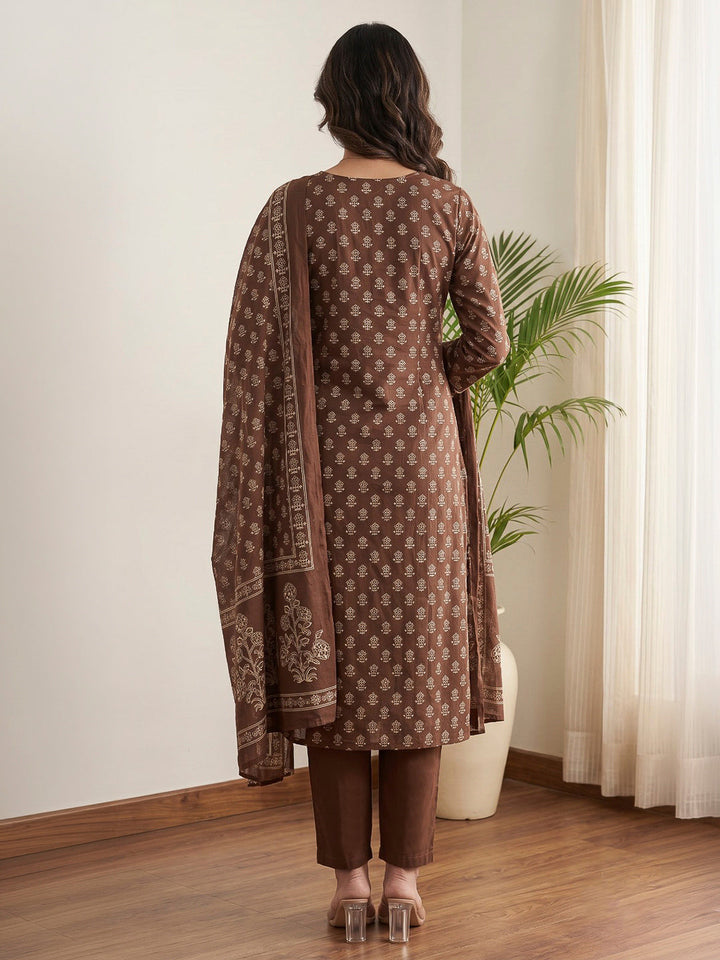 Brown Printed Cotton Blend Kurta With Pant &amp; Dupatta