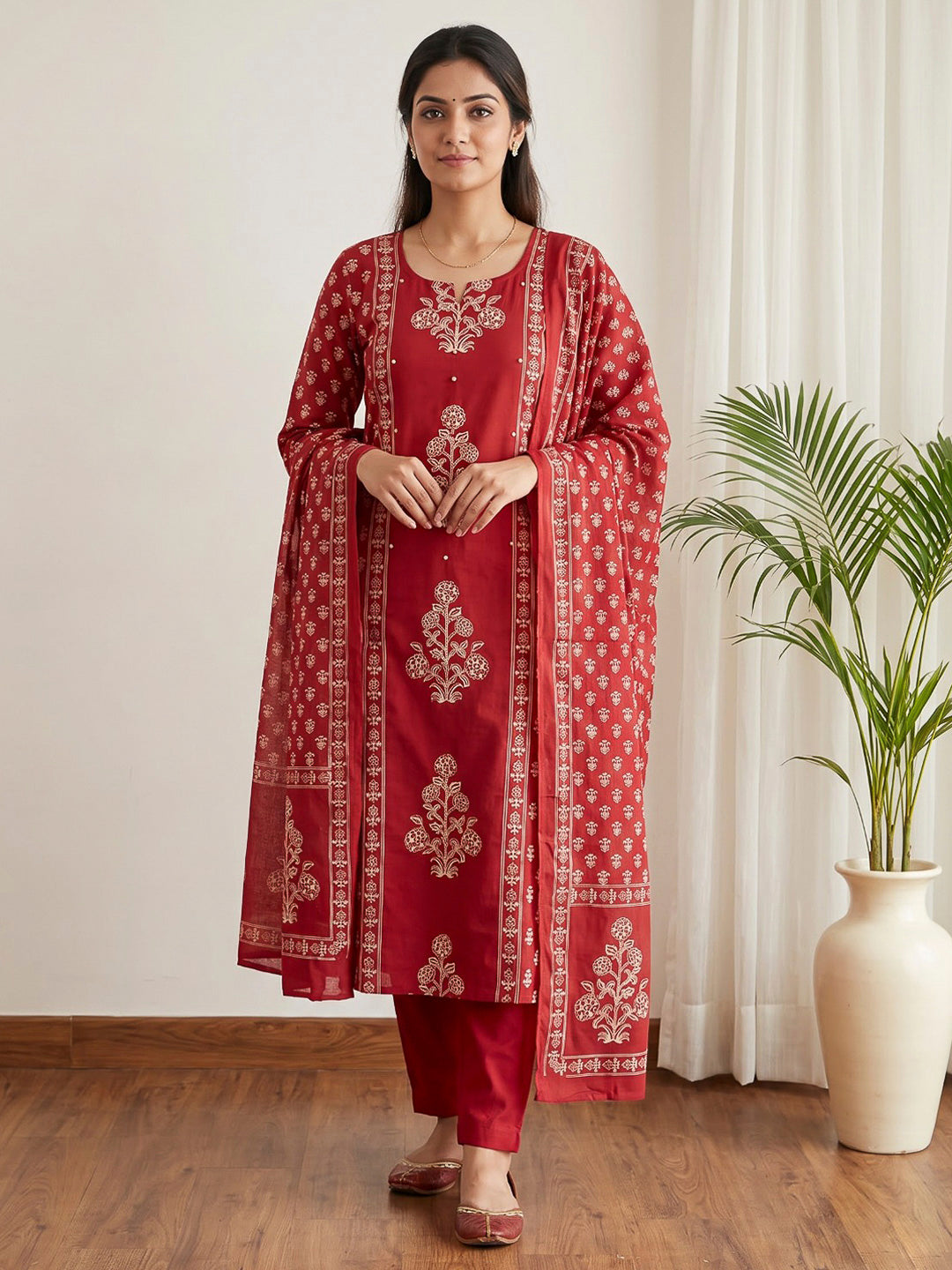 Red Printed Cotton Blend Kurta With Pant &amp; Dupatta
