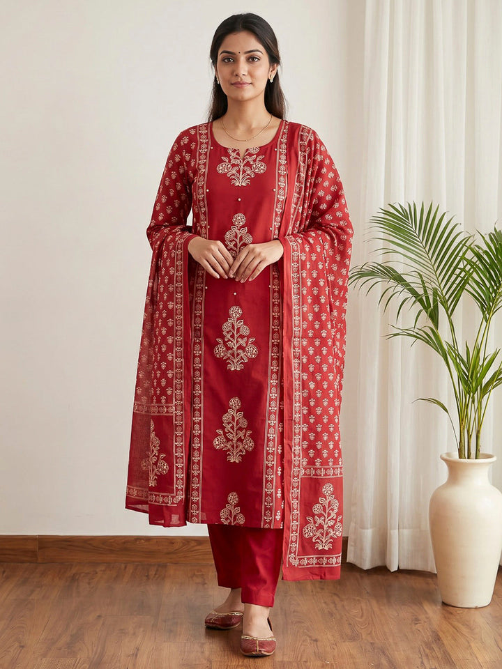 Red Printed Cotton Blend Kurta With Pant &amp; Dupatta