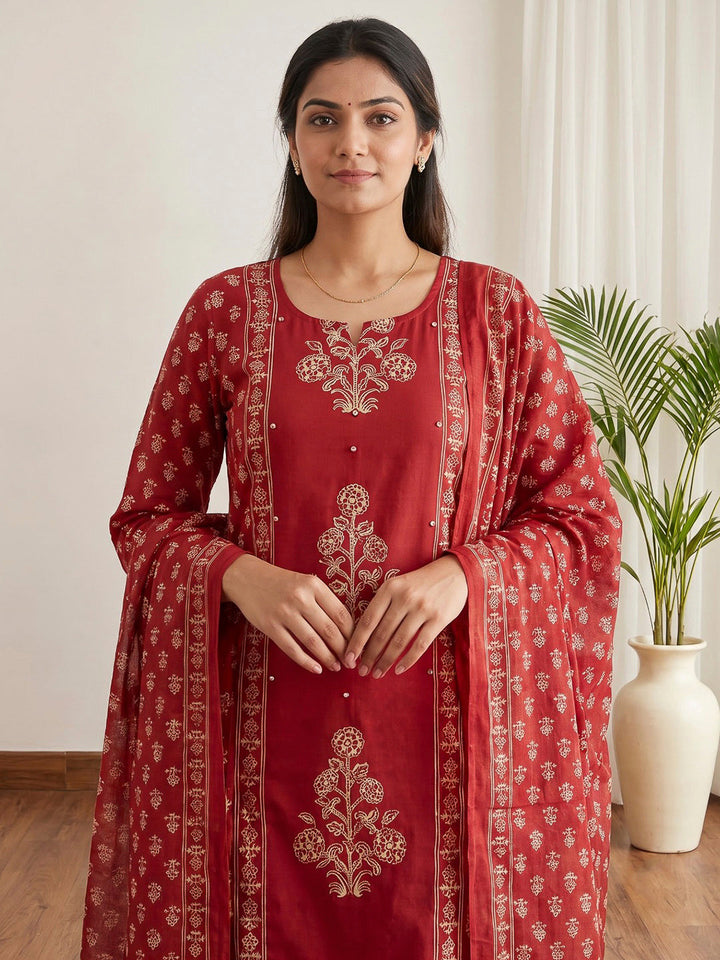 Red Printed Cotton Blend Kurta With Pant &amp; Dupatta