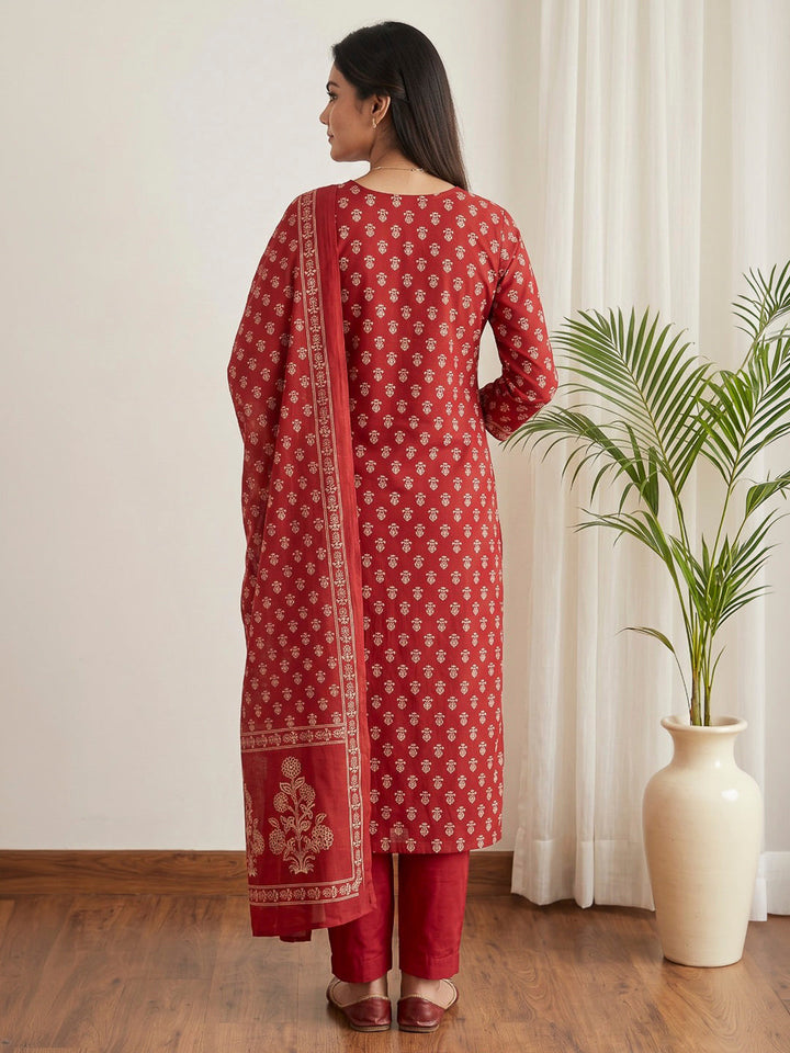 Red Printed Cotton Blend Kurta With Pant &amp; Dupatta