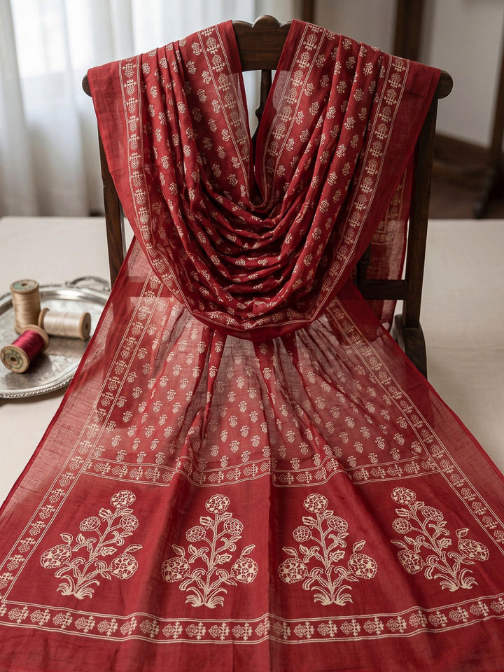 Red Printed Cotton Blend Kurta With Pant &amp; Dupatta