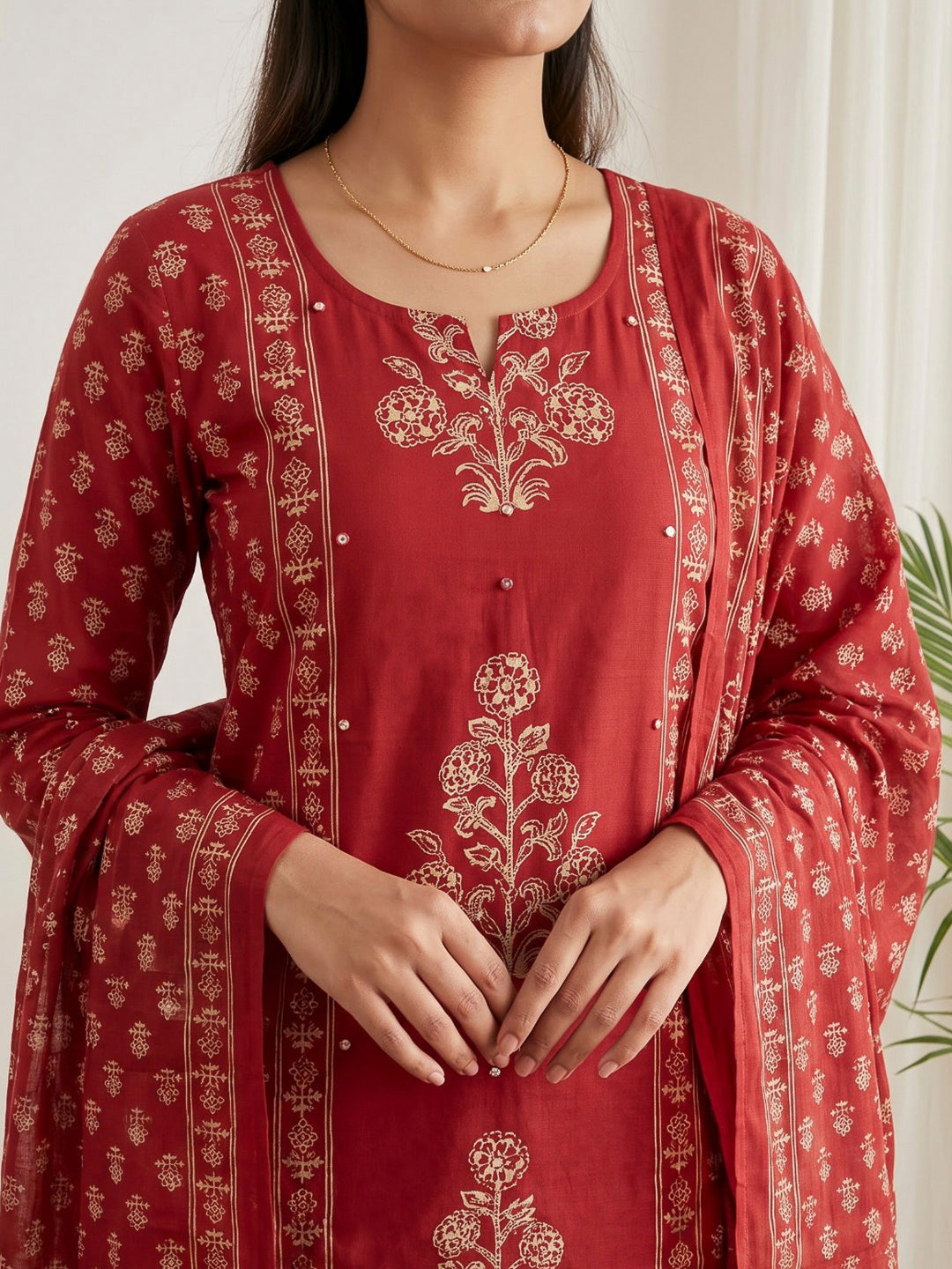 Red Printed Cotton Blend Kurta With Pant &amp; Dupatta