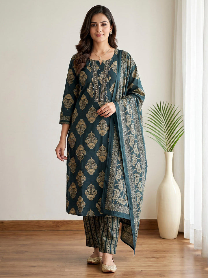 Blue Printed Cotton Blend Kurta With Pant &amp; Dupatta