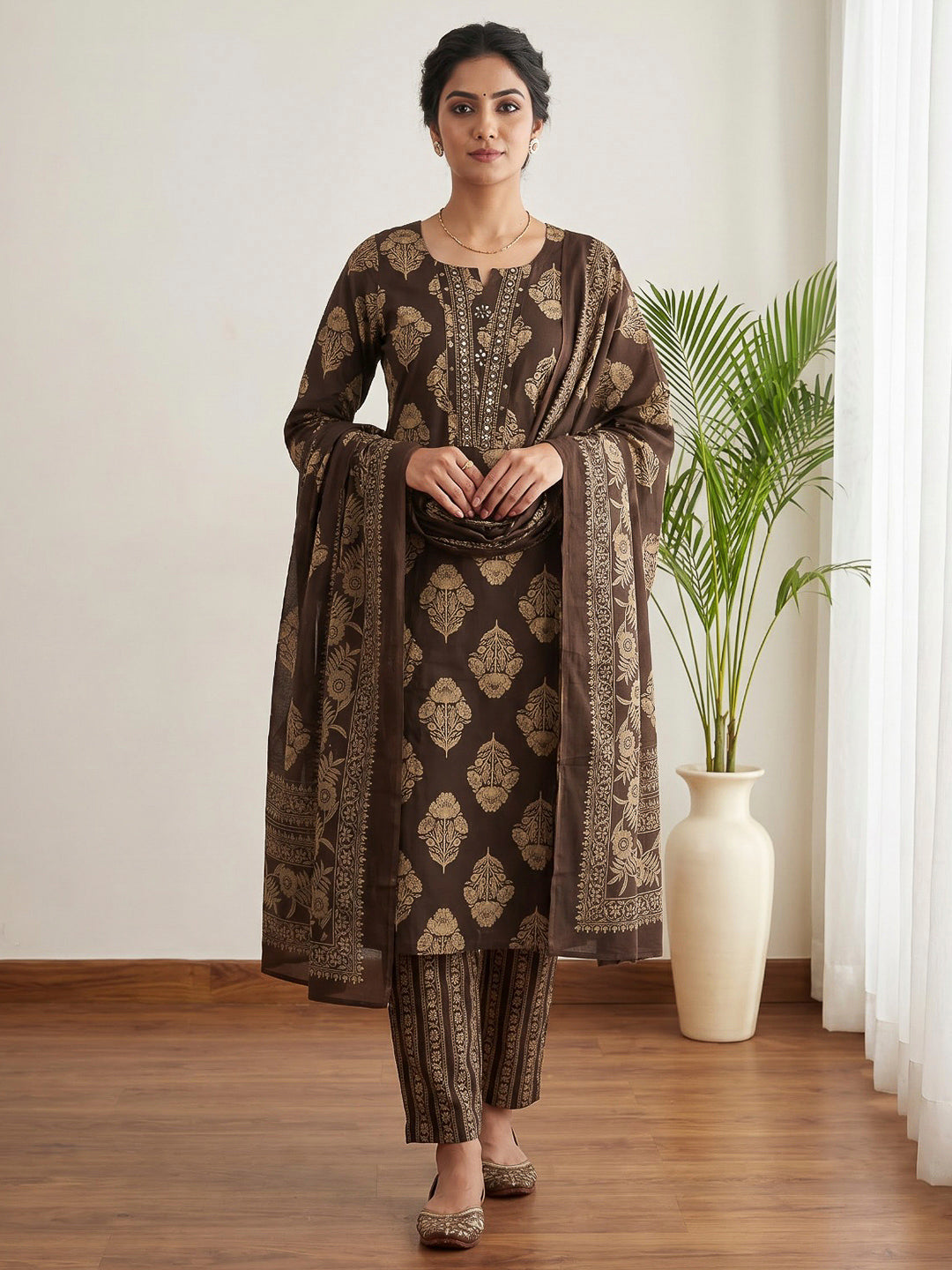 Brown Printed Cotton Blend Kurta With Pant &amp; Dupatta