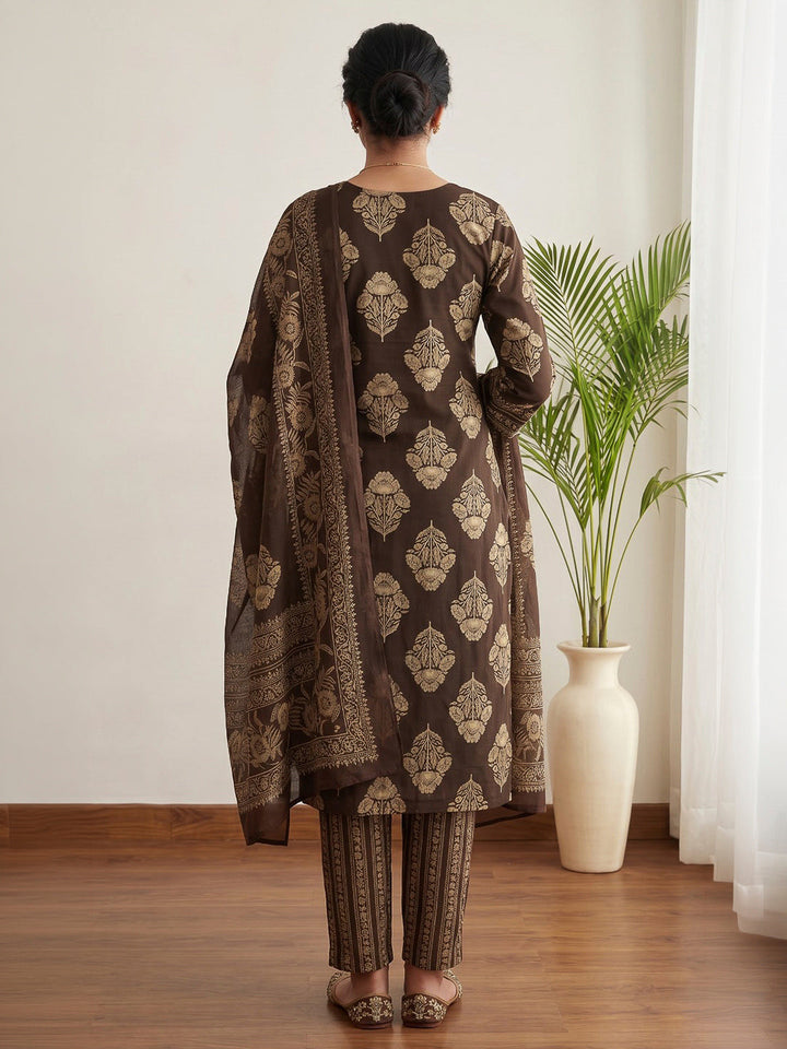 Brown Printed Cotton Blend Kurta With Pant &amp; Dupatta