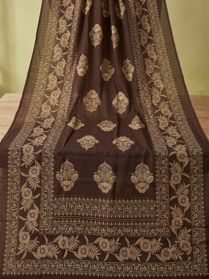Brown Printed Cotton Blend Kurta With Pant &amp; Dupatta