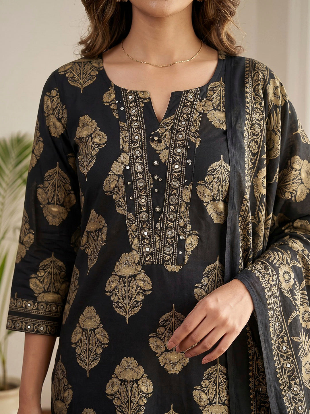 Navy Blue Printed Cotton Blend Kurta With Pant &amp; Dupatta