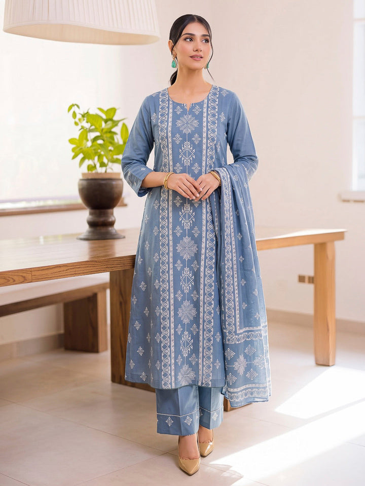 Blue Printed Cotton Blend Kurta With Pant &amp; Dupatta