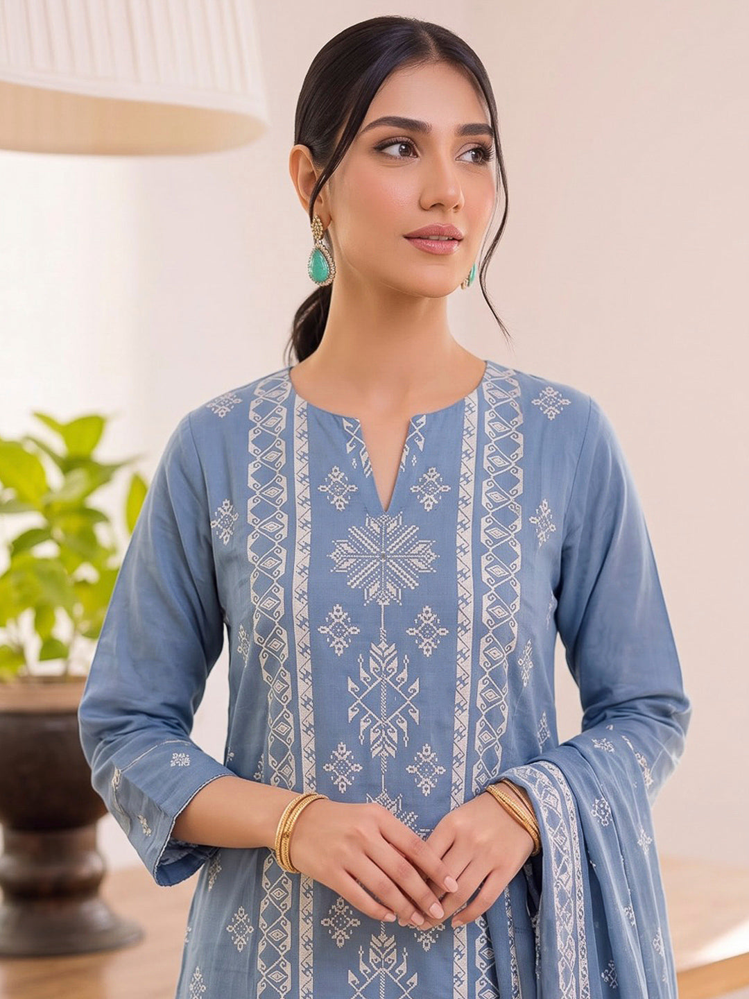 Blue Printed Cotton Blend Kurta With Pant &amp; Dupatta
