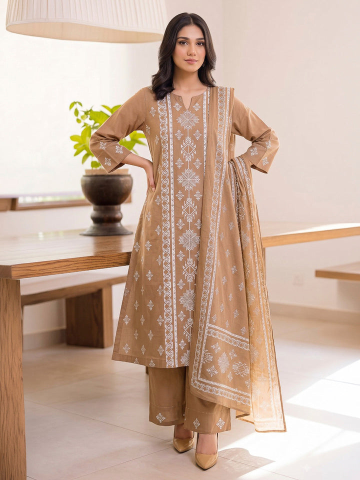 Brown Printed Cotton Blend Kurta With Pant &amp; Dupatta