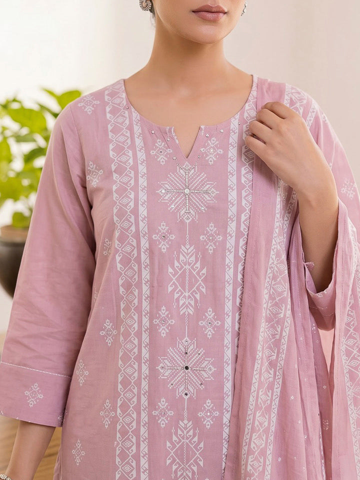 Pink Printed Cotton Blend Kurta With Pant &amp; Dupatta