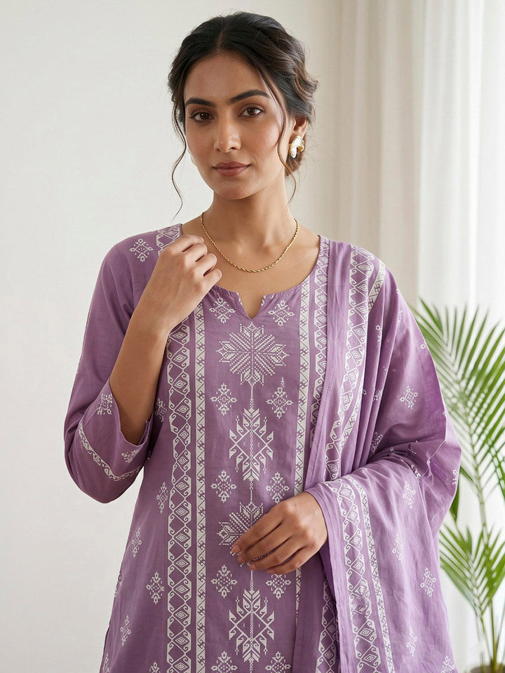 Purple Printed Cotton Blend Kurta With Pant &amp; Dupatta