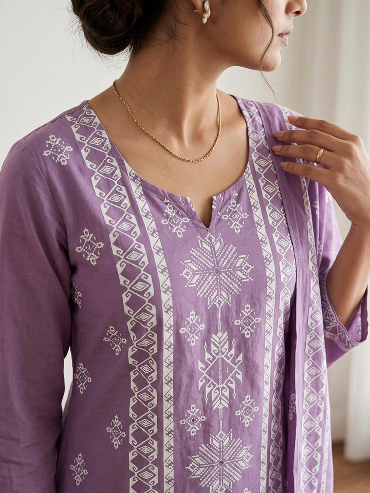 Purple Printed Cotton Blend Kurta With Pant &amp; Dupatta