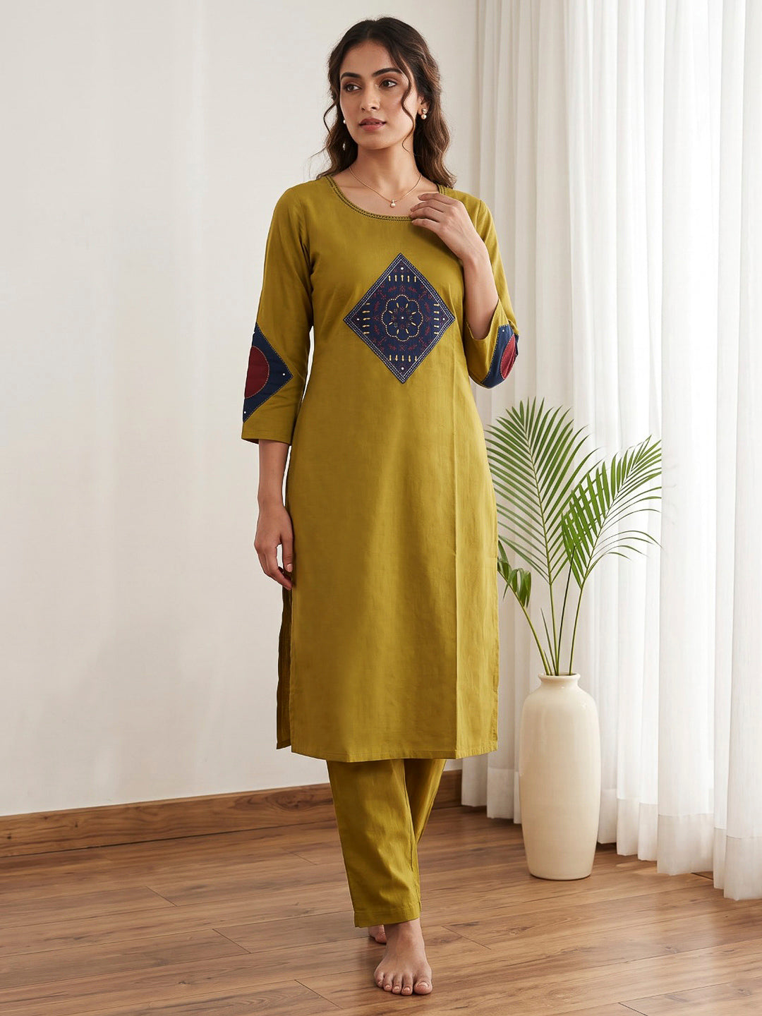 Mustard Embroidered Cotton Blend Kurta Set