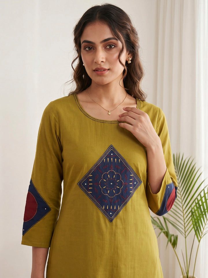 Mustard Embroidered Cotton Blend Kurta Set