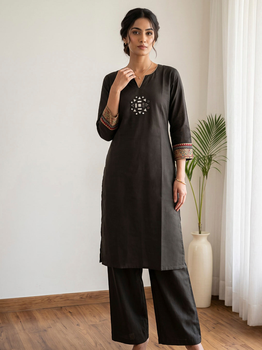 Black Embroidered Cotton Blend Kurta Set