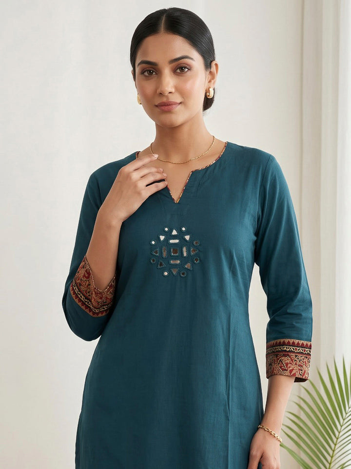 Blue Embroidered Cotton Blend Kurta Set