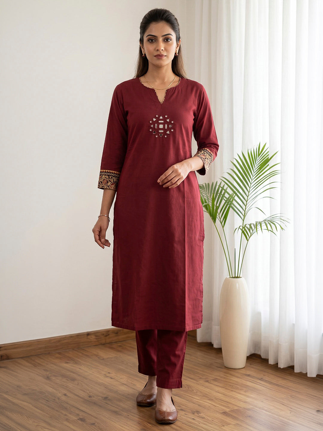 Red Embroidered Cotton Blend Kurta Set
