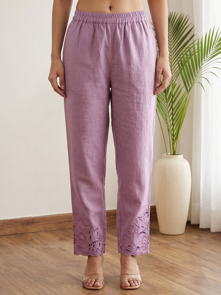 Purple Embroidered Cotton Blend Kurta Set