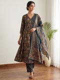 Blue Printed Cotton Blend Kurta With Pant & Dupatta